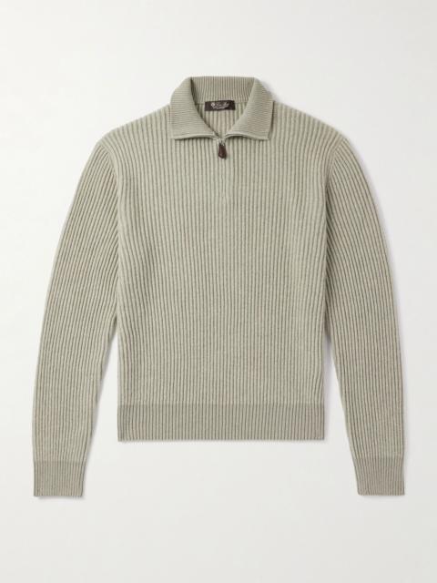 Loro Piana Plane Tree Ribbed Cashmere Half-Zip Sweater Green