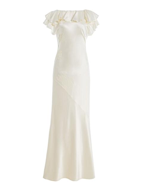 De La Vali Amancia Ruffled Silk-Blend Satin Maxi Dress ivory