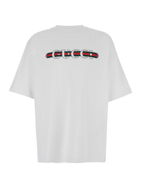GUCCI Gucci Men Crew Neck T-Shirt With Gucci And Web Print In White Cotton For Men