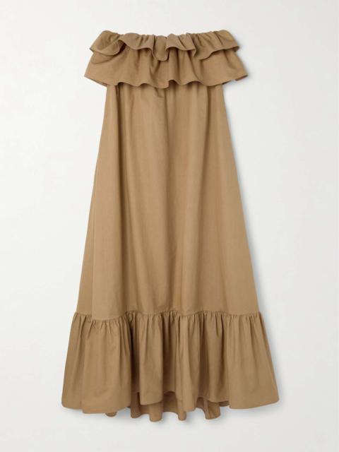 Strapless ruffled cotton-gabardine maxi dress Beige