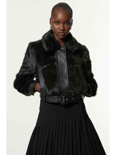 KAREN MILLEN Faux Fur Pu Panelled Belted Cropped Jacket
