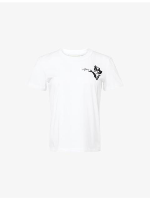 3.1 Phillip Lim Tulip Embroidery Cropped Short-Sleeve Cotton-Jersey T-Shirt