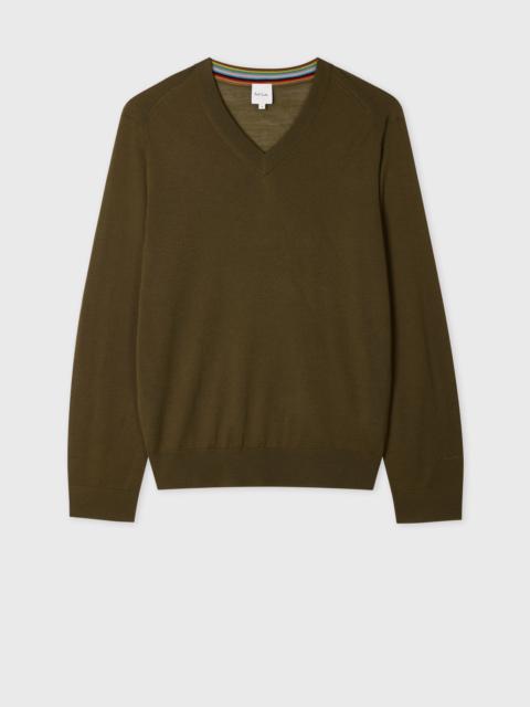 Paul Smith Khaki Green Merino Wool V-Neck Sweater