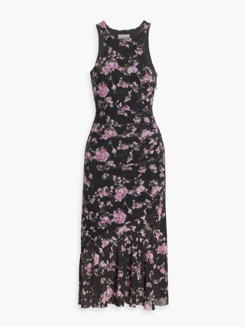 GANNI Ruched floral-print stretch-mesh midi dress