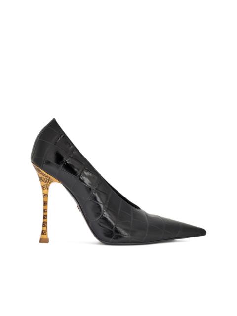 crocodile-effect pointed-toe pumps