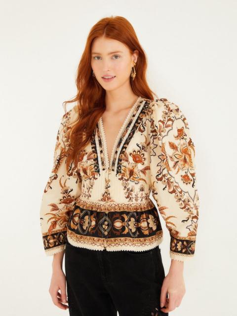 FARM RIO Sand Majestic Garden Lace Puff Sleeve Organic Cotton Blouse