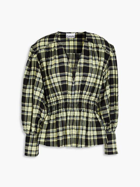 GANNI Checked cotton-blend seersucker blouse