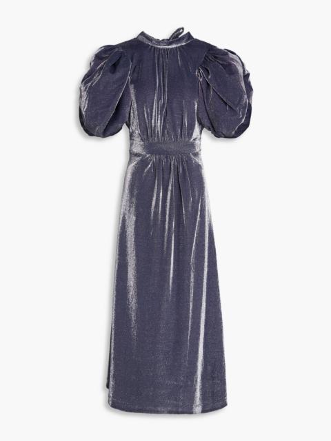 ROTATE Cutout gathered metallic jersey midi dress