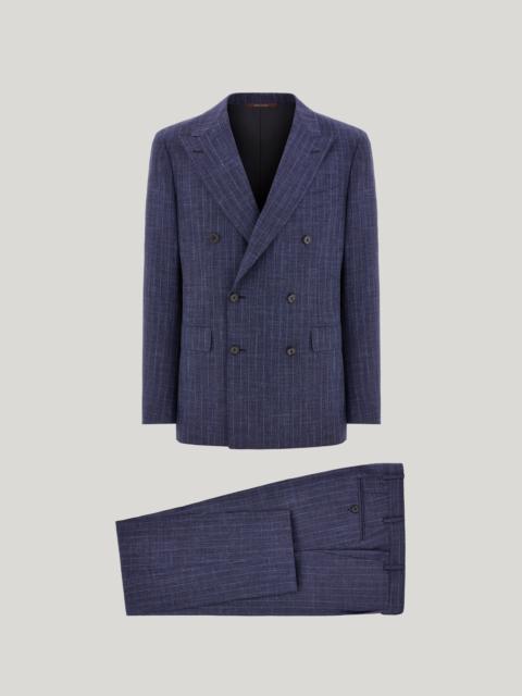 Canali BLUE WOOL, SILK AND LINEN DOUBLE-BREASTED MODERN-FIT PINSTRIPE SUIT
