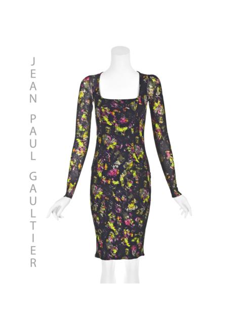Jean Paul Gaultier JEAN PAUL GAULTIER SOLEIL Vntg Black Mesh w/Green & Pink Print Dress 