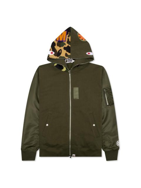 A BATHING APE® MILITARY SHARK RELAXED FIT FULL ZIP HOODIE - OLIVE DRAB