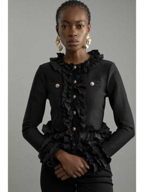 KAREN MILLEN Figure Form Bandage Knit Jacket With Woven Ruffle Trim