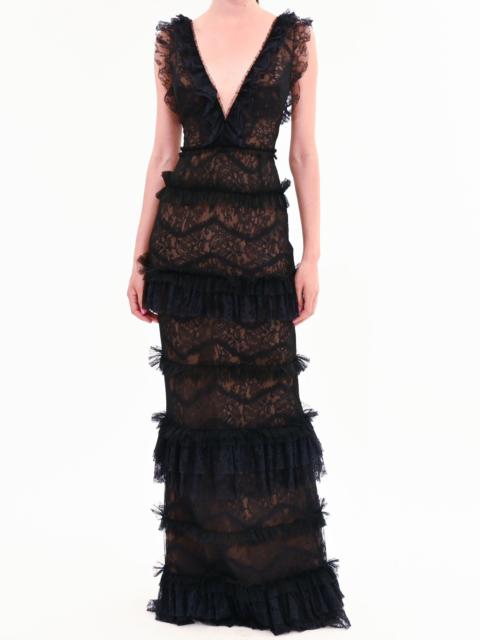 Marchesa CHANTILLY LACE TIERED GOWN