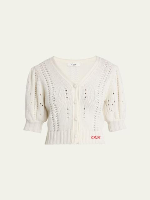 Chloé Wool & Cashmere Cropped Puff-Sleeve Cardigan