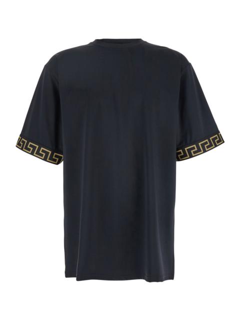 VERSACE Versace Men Black Crewneck T-Shirt With Greca Pattern On The Sleeves In Tech Fabric Man