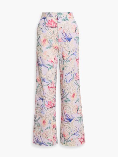 PatBO Amarylis floral-print poplin and guipure lace wide-leg pants