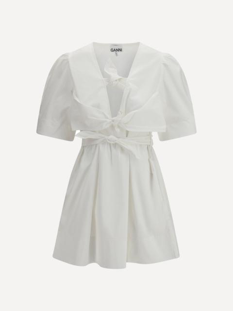 GANNI Cotton mini Dress with a deep V-neckline and three front tie bands