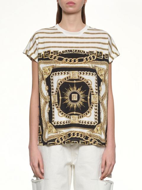 Balmain 3 BTNS Foulard Print T-Shirt in White/Black/Gold