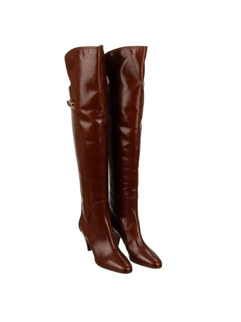 Dolce & Gabbana DG Gold Logo Overknee Boots Heels CAROLINE Brown 39 US 9 12610
