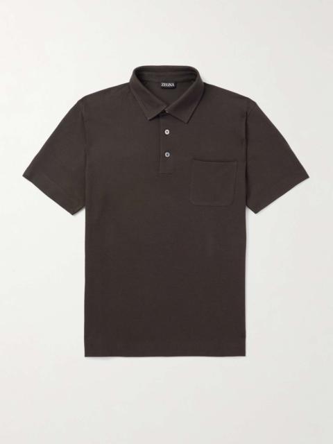 Slim-Fit Leather-Trimmed Cotton-Piqué Polo Shirt