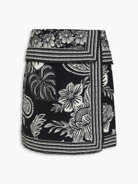 FARM RIO Wrap-effect embroidered cotton-twill mini skirt
