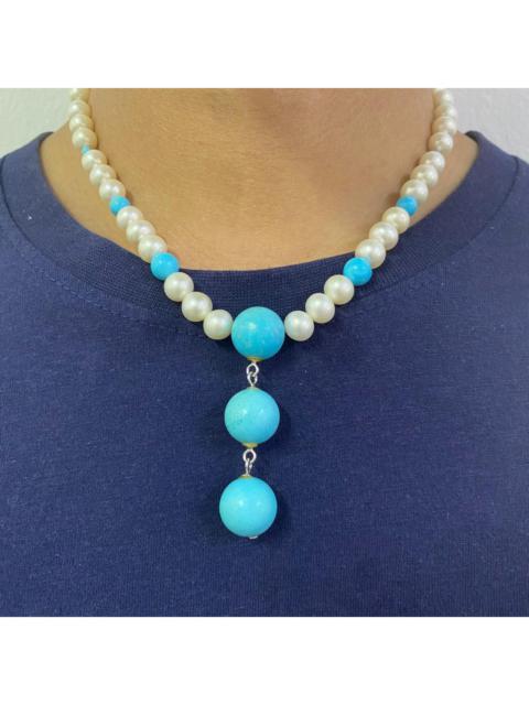 Vintage - Handmade Pearl & Turquoise Necklace –18K White Gold Clasp