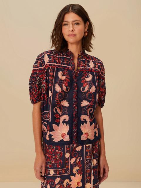 FARM RIO Boho Floral Scarf Navy Blue Blouse