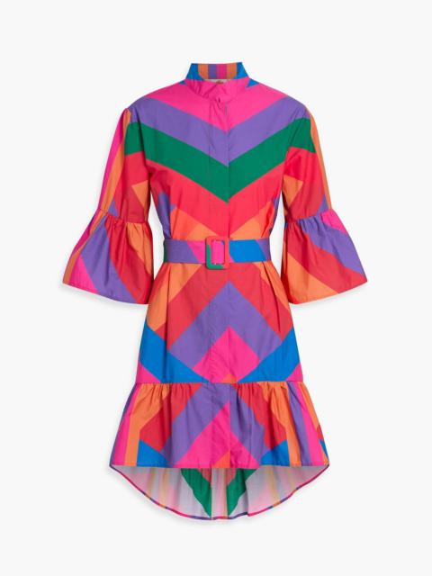 FARM RIO Belted striped cotton-poplin mini dress