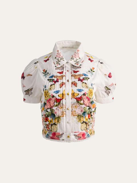 Alice + Olivia Rosie Embroidered Puff-Sleeve Shirt