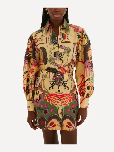 FARM RIO Beige Artsy Surreal Land Beaded Belt Mini Dress