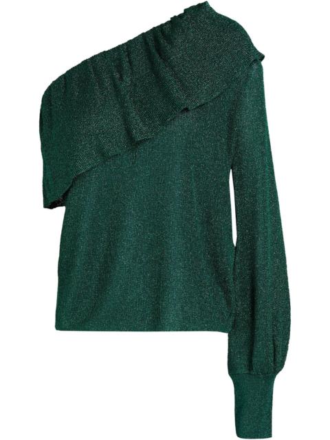 REDValentino One-sleeve ruffled metallic stretch-knit top