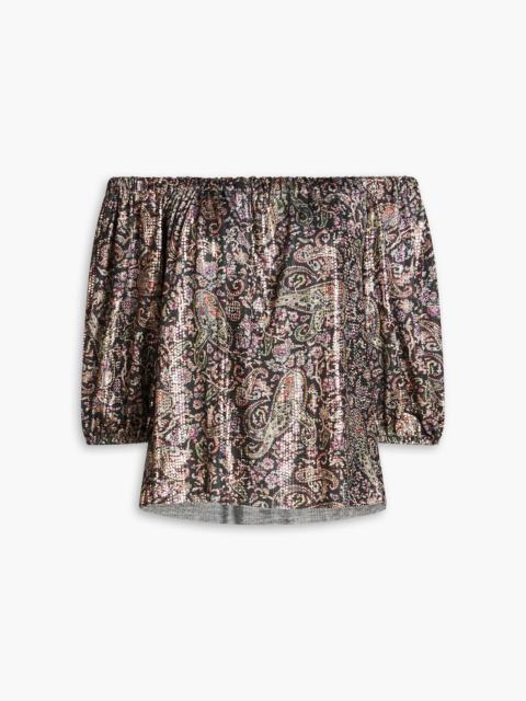 ba&sh Gustave off-the-shoulder metallic paisley-print jersey top