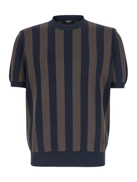 FENDI Fendi Men Blue Crew Neck T-Shirt With All-Over Striped Motif In Cotton And Silk For Men