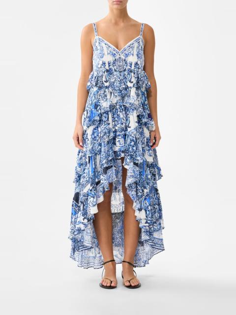 CAMILLA V NECK RUFFLE HIGH LOW DRESS