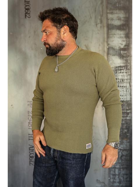 Iron Heart IHTL-1301-OLV 1301 WAFFLE KNIT LONG SLEEVED CREW NECK THERMAL TOP - OLIVE