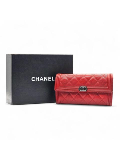 CHANEL Boy Wallet Caviar Leather Red with Antique Silver with box