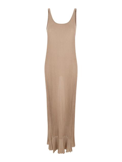 Max Mara Max Mara Women Long Beige Ribbed Dress With U Neckline In Lurex Woman