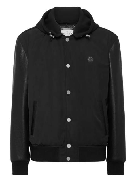 PHILIPP PLEIN Nylon And Leather Varsity Bomber Hooded Jacket