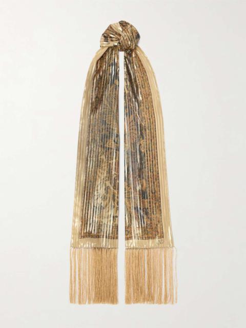 Fringed plissé printed metallic silk-blend scarf Beige