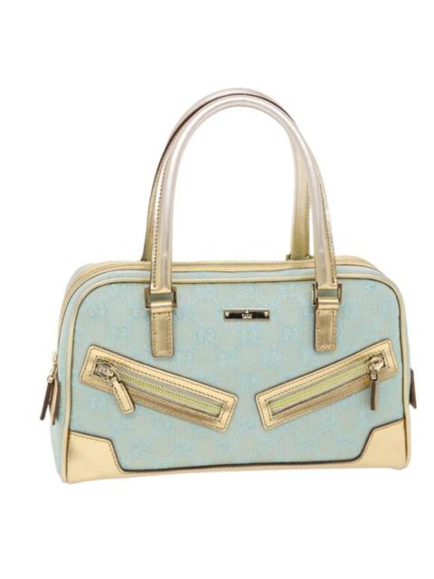 GUCCI GG Canvas Hand Bag Leather Light Blue Gold