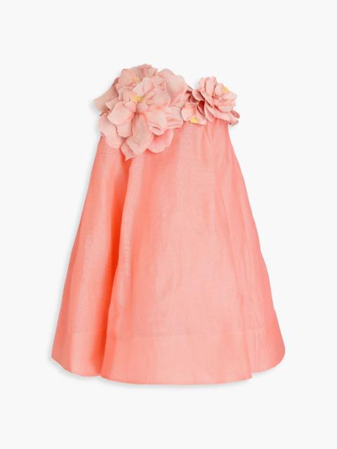 Zimmermann Strapless floral-appliquéd linen and silk-blend gauze mini dress