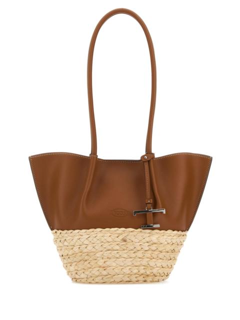 トートバッグ TODS TWO-TONE LEATHER AND RAFFIA SMALL SHOPPING BAG Tod's Two-tone leather and raffia small shopping bag
