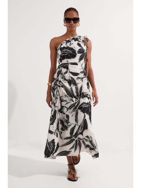 KAREN MILLEN Palm Border Print Cotton Voile One Shoulder Midi Dress