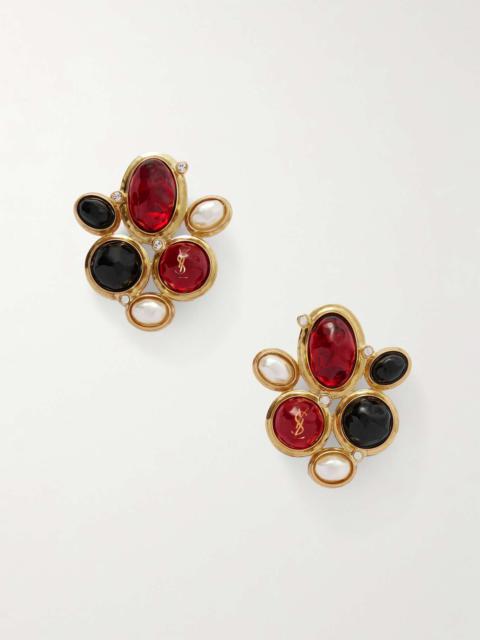 Gold-tone, resin, faux pearl and crystal clip earrings Gold