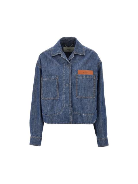 FENDI Fendi Chambray Short Jacket with Leather Pocket Blue