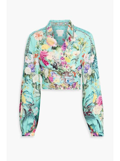 CAMILLA Cropped crystal-embellished floral-print linen wrap top