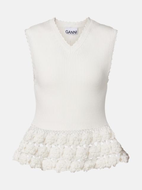 GANNI Crochet-trimmed ribbed cotton-blend top