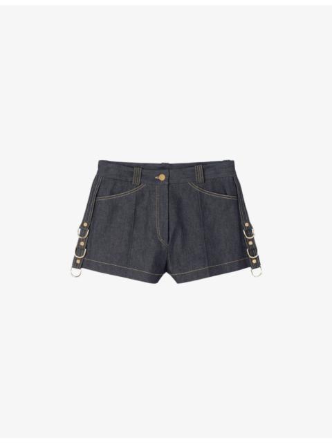 Sandro Ring-Embellished Contrast-Stitch Denim Shorts