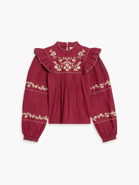 FARM RIO Metallic embroidered cotton-poplin blouse