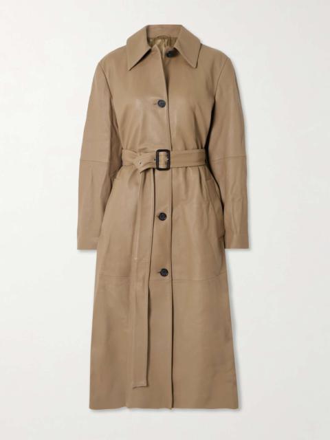 Belted leather trench coat